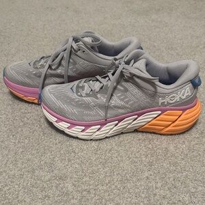 Hoka Women's Gray Athletic Shoes with Orange and Pink Accents
